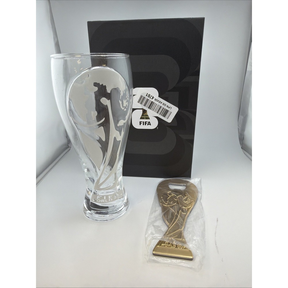 Official FIFA World Cup 2026 17oz Pilsner Beer Glass 6" Trophy Bottle Opener Set